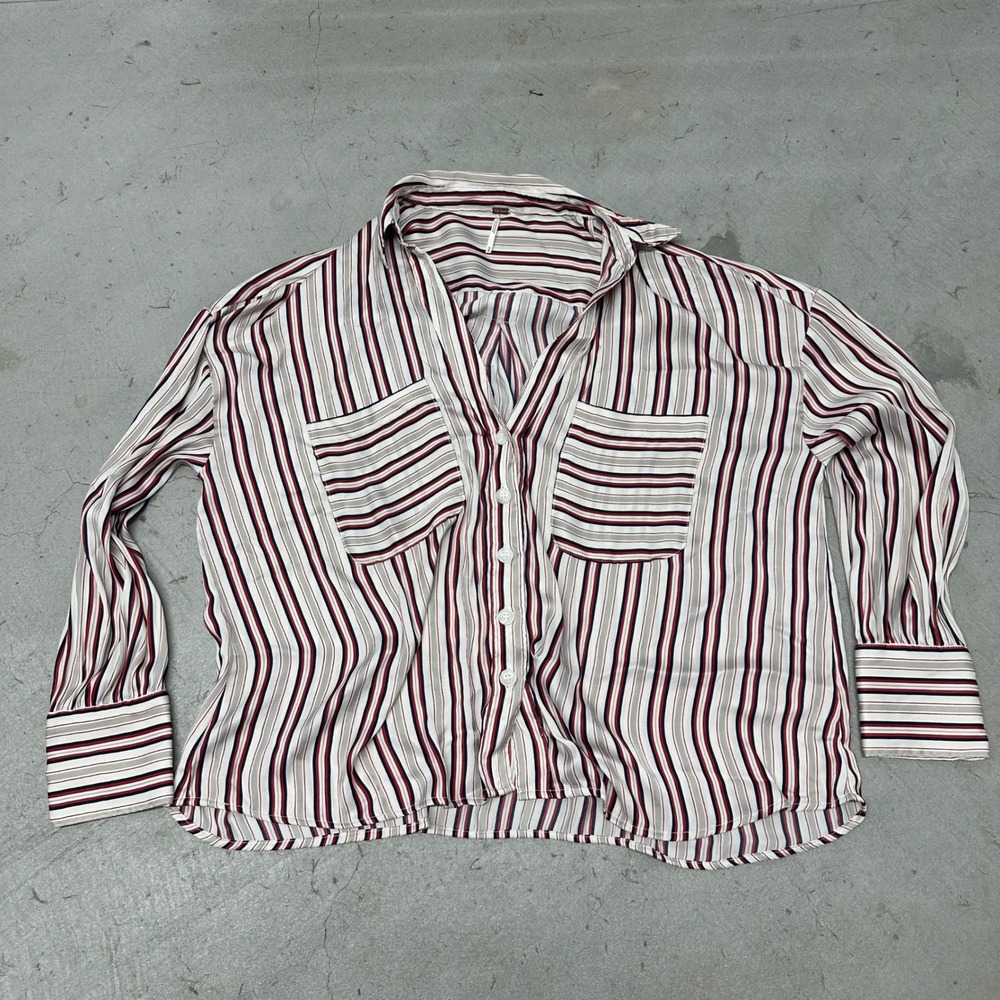 Free People Striped Button Down Blouse Womens Medium Red White Long Sleeve Chic